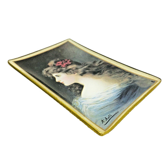 Asti Glass Pin Vanity Ring Dish Small Tray Edwardian Victorian Woman Portrait - Picture 2 of 7